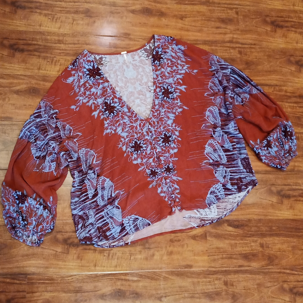 Rust Floral V-Neck Women's Blouse